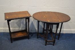 A SMALL OAK OVAL TOPPED BARLEY TWIST GATE LEG TABLE, together with an oak occasional table (2)