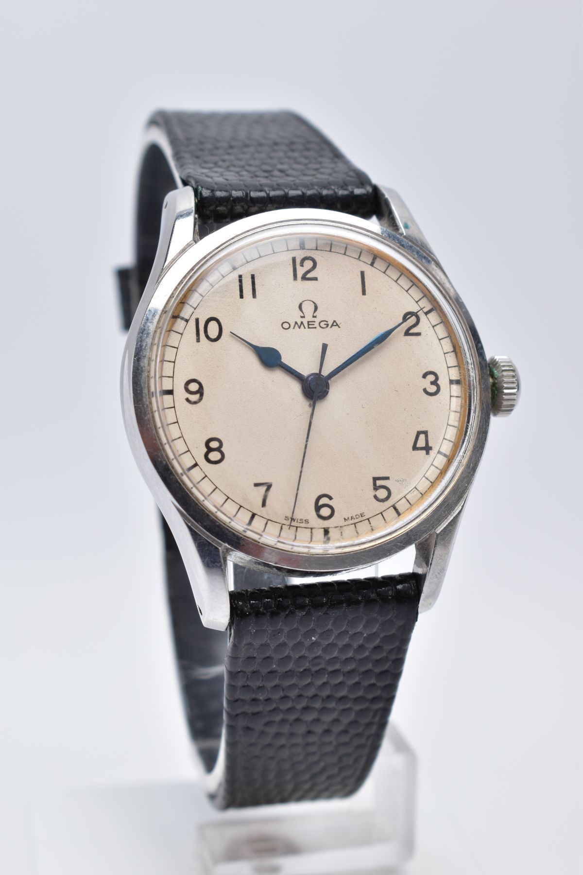 A HAND WOUND OMEGA WRISTWATCH, circa 1943, cream dial with Arabic numerals, black spade hands with a - Image 2 of 9