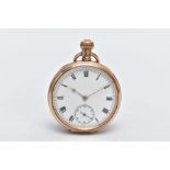 A GOLD PLATED OPEN FACED POCKET WATCH, circular white dial, roman numerals, gold tone hands, seconds