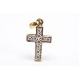 A YELLOW METAL AND COLOURLESS STONE SET CROSS PENDANT, set with ten circular cut colourless stones