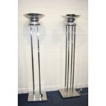 A PAIR OF CHROME AND ALUMINIUM ARTIFICIAL FLAME UPLIGHTERS with fan for artificial flame ( no
