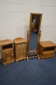 A MATCHED PAIR OF PINE BEDSIDE CABINETS, together with a pine cheval mirror and tv stand (4)