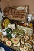 TWO BOXES OF PETIT POINT DRESSING TABLE SETS, BRASS CANDLESTICKS, CAMERAS, ETC, a boxed fur stole,