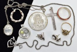 A SELECTION OF WHITE METAL JEWELLERY AND A COIN, to include a silver openwork double heart pendant