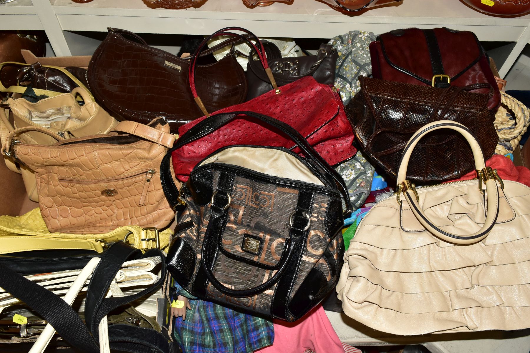 TWO BOXES OF HANDBAGS, LADIES HATS AND FASCINATORS, two modern collectors dolls, one damaged to - Image 7 of 8