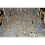 A GROUP OF CUT GLASS/ORNAMENTAL GLASS etc, to include Caithness vases, decanters, tumblers, vases,