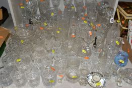 A GROUP OF CUT GLASS/ORNAMENTAL GLASS etc, to include Caithness vases, decanters, tumblers, vases,