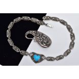 A SILVER BROOCH AND MARCASITE NECKLET, the openwork brooch in the form of a tear drop with a