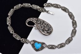 A SILVER BROOCH AND MARCASITE NECKLET, the openwork brooch in the form of a tear drop with a
