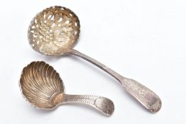 A GEORGIAN SILVER CADDY AND SIFTER, the caddy spoon with decorative handle and vacant cartouche