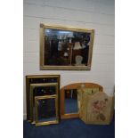 A MODERN GILT FRAMED WALL MIRROR, 119cm x 94cm, four various other wall mirrors and a modern
