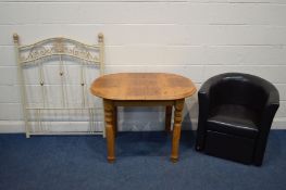 A MODERN BROWN LEATHERETTE TUB CHAIR and matching stool, together with a pine extending kitchen