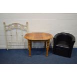 A MODERN BROWN LEATHERETTE TUB CHAIR and matching stool, together with a pine extending kitchen