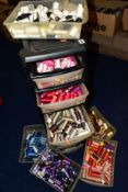 A PLASTIC SET OF ELEVEN DRAWERS CONTAINING ASSORTED REELS OF SEWING COTTONS, grouped into colours,