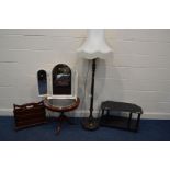 A QUANTITY OF OCCASIONAL FURNITURE, to include a mahogany standard lamp with a fabric shade,