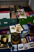 TWO BOXES OF BOOKS AND LOOSE, CERAMIC JARDINIERES AND A STAND ETC, including boxed set of