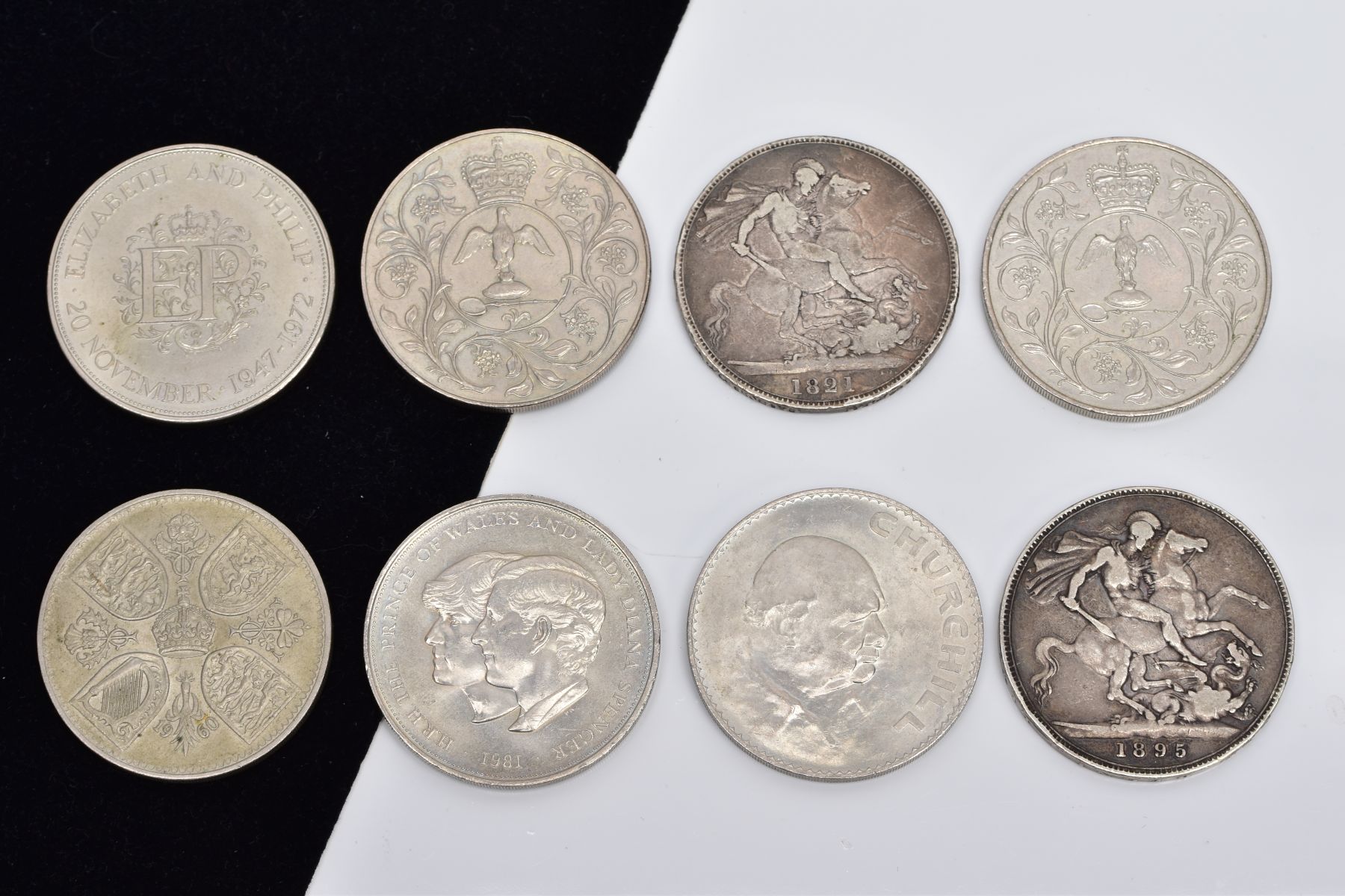 EIGHT COMMEMORATIVE COINS, to include an 1821 Georgius IIII coin, an 1895 Victoria coin, a 1965