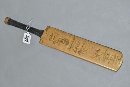 A MINIATURE B.WORSOP MARYLEBONE EXTRA SPECIAL CRICKET BAT, signed to the front with autographs of