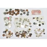 A BOX OF COINS AND COMMEMORATIVES, to include some low base Roman coinage, some silver coins, florin