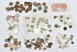 A BOX OF COINS AND COMMEMORATIVES, to include some low base Roman coinage, some silver coins, florin