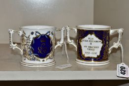 TWO ROYAL CROWN DERBY ROYAL COMMEMORATIVE TWIN HANDLED LOVING CUPS, 40th anniversary of the