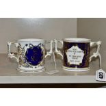 TWO ROYAL CROWN DERBY ROYAL COMMEMORATIVE TWIN HANDLED LOVING CUPS, 40th anniversary of the