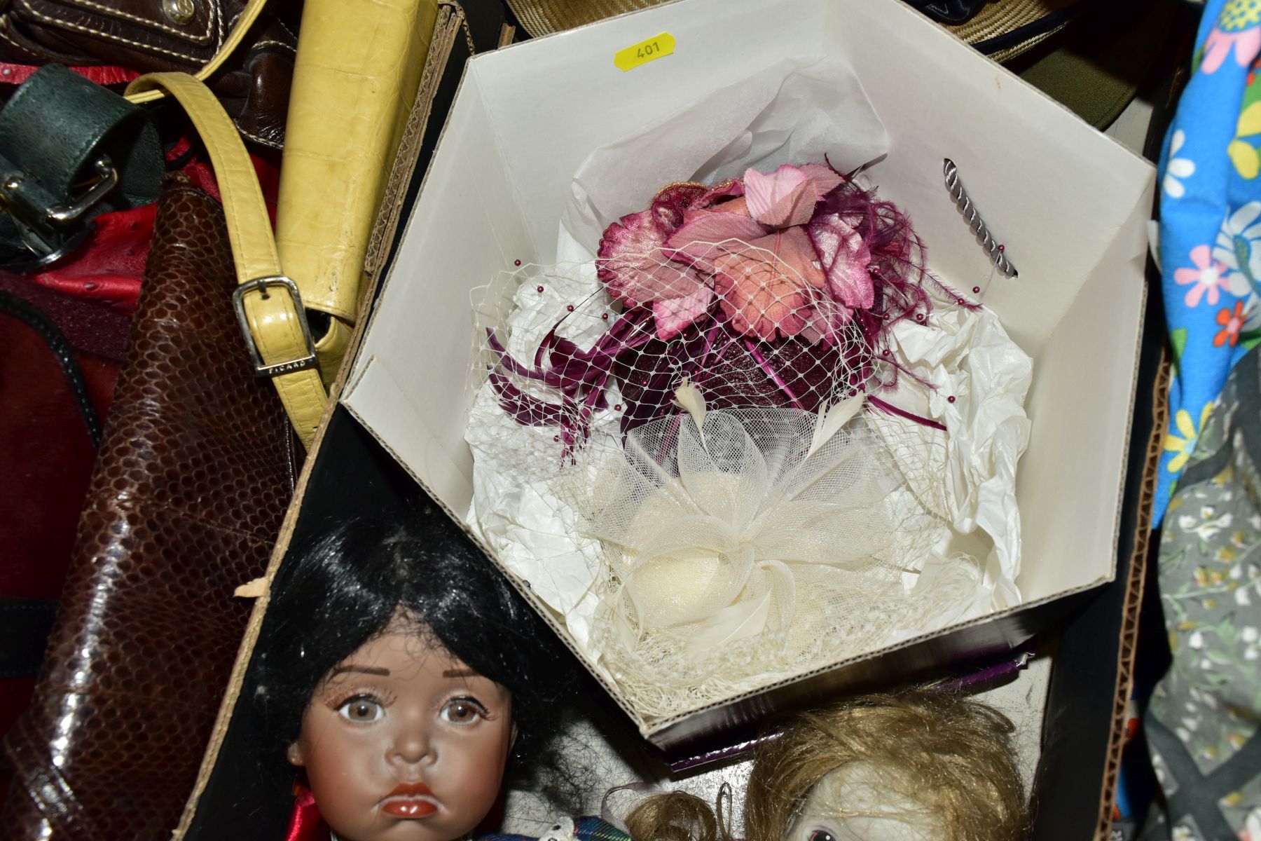 TWO BOXES OF HANDBAGS, LADIES HATS AND FASCINATORS, two modern collectors dolls, one damaged to - Image 6 of 8