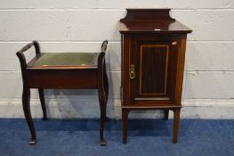 AN EDWARDIAN MAHOGANY AND INLAID POT CUPBOARD together with an Edwardian piano stool (2)