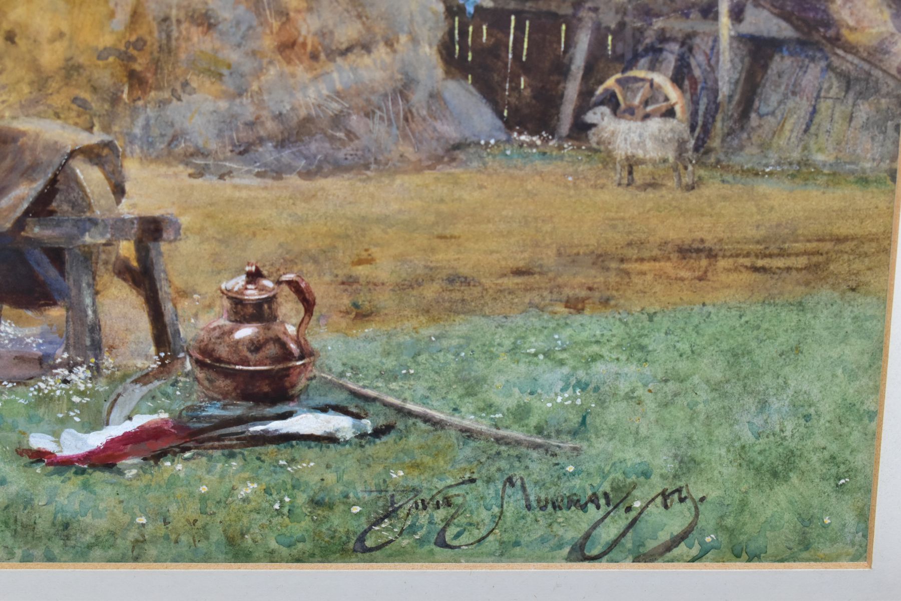 SIR DAVID MURRAY R.A. R.S.W. (1849-1933) 'IN THE FARMYARD', sheep before farm buildings, signed - Image 3 of 4