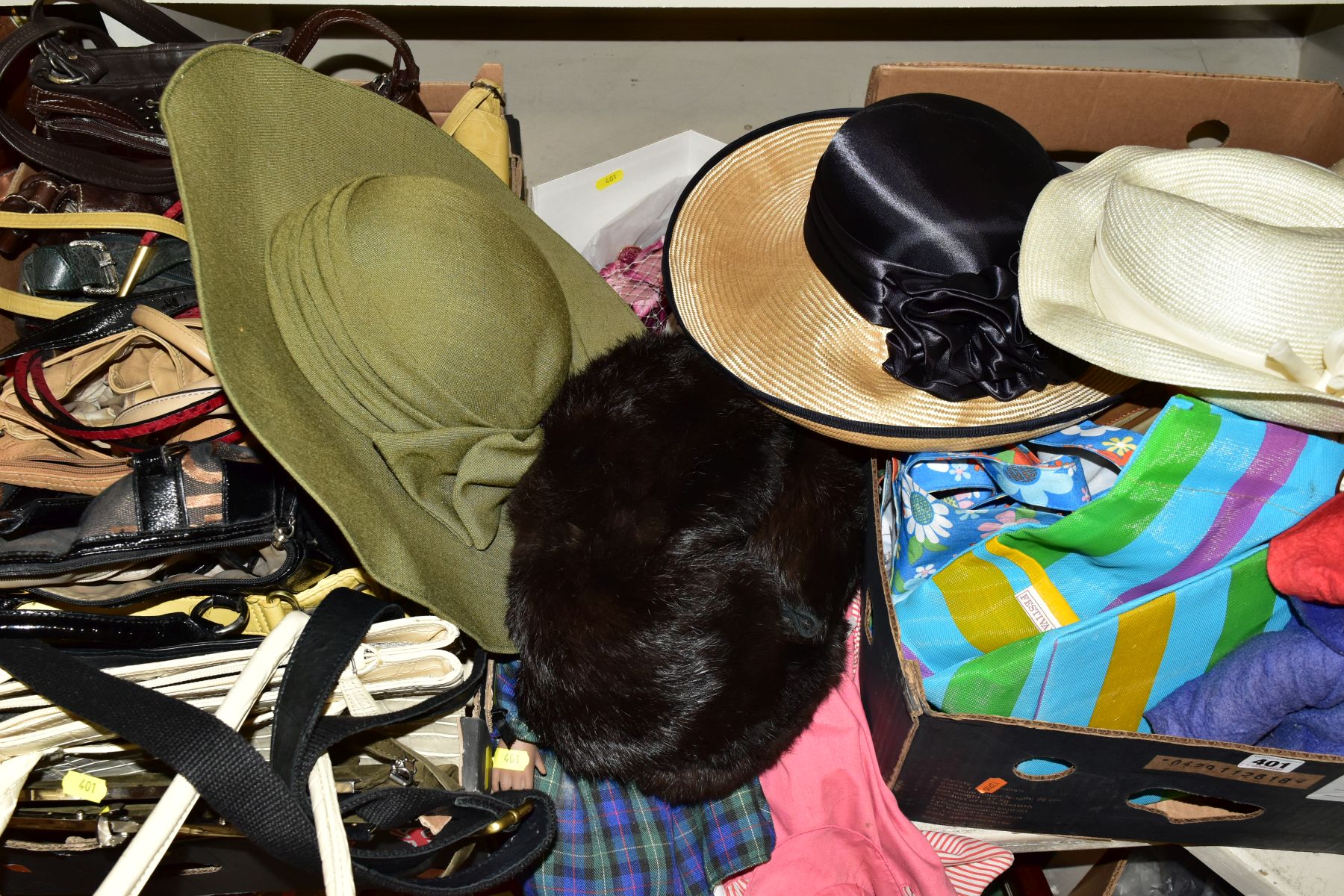 TWO BOXES OF HANDBAGS, LADIES HATS AND FASCINATORS, two modern collectors dolls, one damaged to - Image 4 of 8