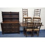 A DARK ERCOL DINING SUITE, comprising a refectory table, length 153cm x depth 78cm x height 73cm,