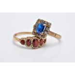 TWO 9CT GOLD GEMSTONE RINGS, to include a blue and white synthetic spinel square cluster ring,