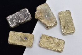 FIVE HANDMADE IGNOTS, to include four nickel ingots (tested), two set with circular paste