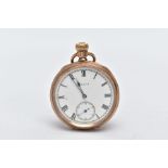 A GOLD-PLATED OPEN FACED POCKET WATCH, circular white dial signed 'Elgin', roman numerals, blue