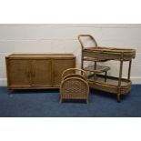 THREE MATCHING PIECES OF WICKER FURNITURE, to include a low three door sideboard, width 107cm x 41cm