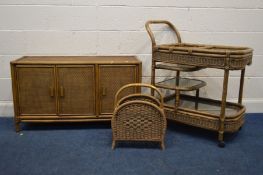 THREE MATCHING PIECES OF WICKER FURNITURE, to include a low three door sideboard, width 107cm x 41cm