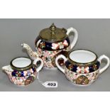 VICTORIAN CROWN DERBY TEAPOT WITH PLATED LID, together with matching milk and sugar, all three are
