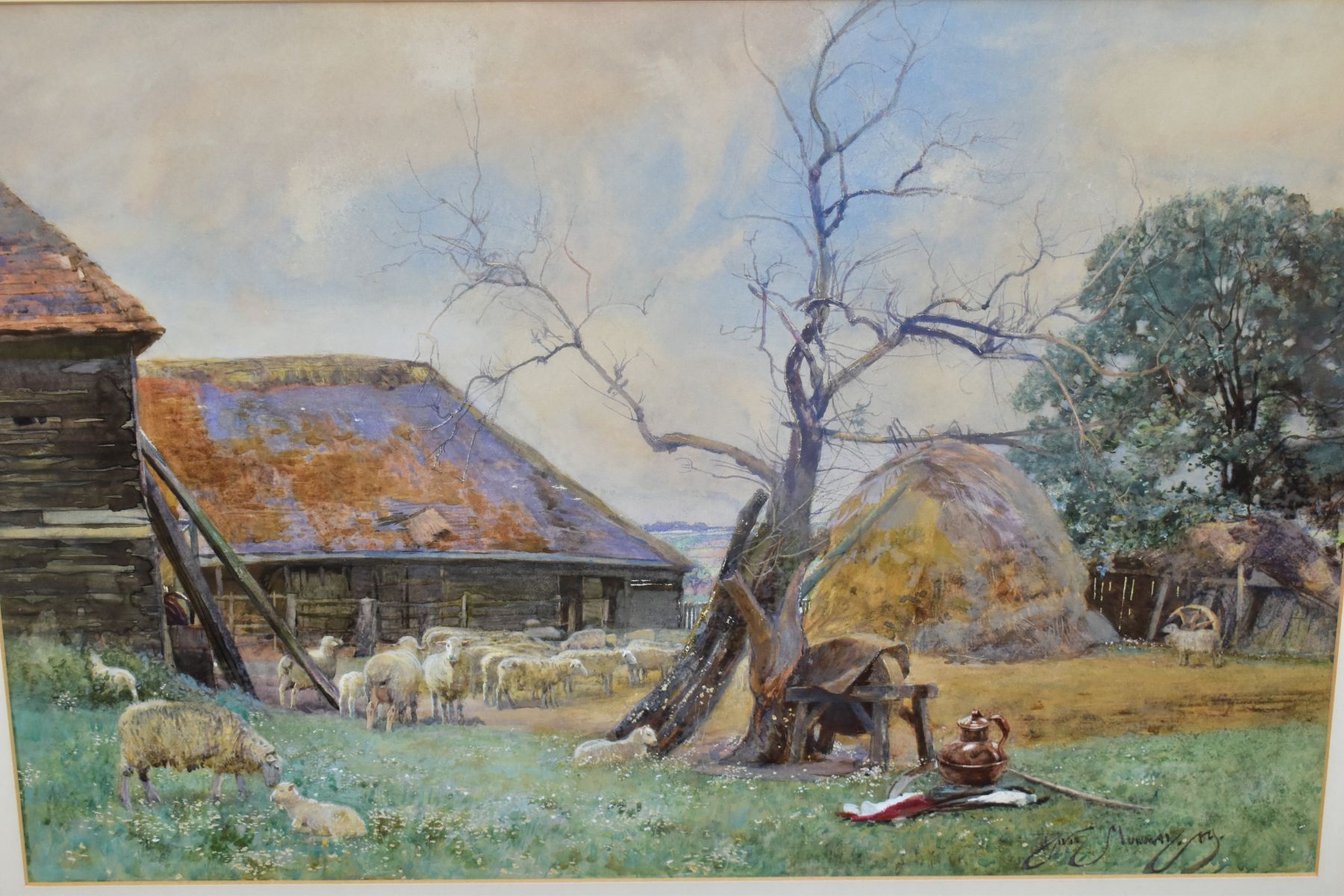 SIR DAVID MURRAY R.A. R.S.W. (1849-1933) 'IN THE FARMYARD', sheep before farm buildings, signed - Image 2 of 4