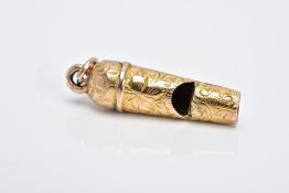 A GOLD PLATED MINIATURE WHISTLE CHARM, decorated with an engraved floral design fitted with a jump