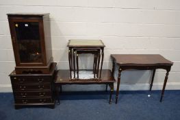 FIVE PIECES OF MODERN MAHOGANY FURNITURE, to include a serpentine card table with a fold over top