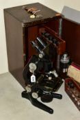 A CASED W. WATSON BACTIL BINOCULAR MICROSCOPE, No 107753, c.1950's, with interchangeable monocular