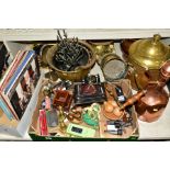 COPPER, BRASS AND SUNDRY ITEMS ETC, to include helmet shaped coal scuttles, jardiniere, plant stand,