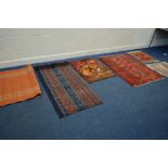 A SELECTION OF VARIOUS RUGS, to include a stripped hanging room dividing tapestry, 153cm x 75cm, a