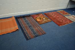 A SELECTION OF VARIOUS RUGS, to include a stripped hanging room dividing tapestry, 153cm x 75cm, a