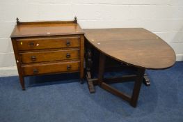 A 1940'S OAK CHEST OF THREE DRAWERS, width 86cm x depth 46cm x height 90cm (missing one handle)