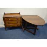 A 1940'S OAK CHEST OF THREE DRAWERS, width 86cm x depth 46cm x height 90cm (missing one handle)