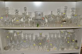 A QUANTITY OF GLASSWARE, mostly late 20th Century, including six assorted decanters and stoppers,