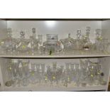 A QUANTITY OF GLASSWARE, mostly late 20th Century, including six assorted decanters and stoppers,