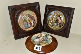 THREE PRATTWARE POT LIDS, 'Uncle Toby', 'Fair Sportswoman' and 'The Poultry Woman', all mounted in