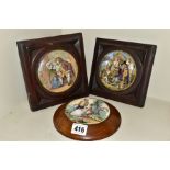 THREE PRATTWARE POT LIDS, 'Uncle Toby', 'Fair Sportswoman' and 'The Poultry Woman', all mounted in